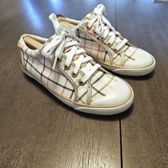 COACH Barrett Plaid Canvas Low Top Sneakers Women's Size 7 Cream Gold - Picture 4 of 11